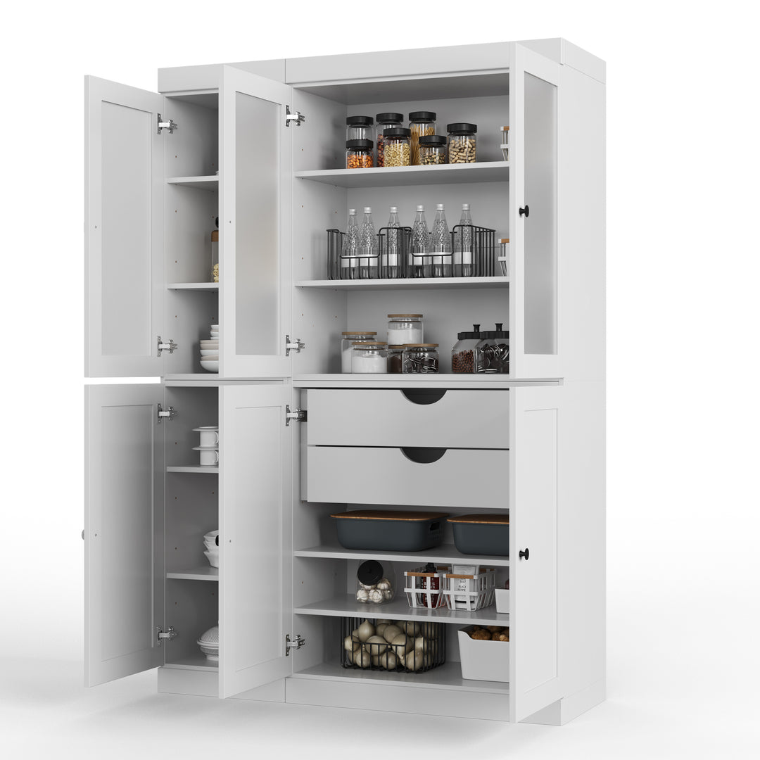 100% Solid Brazilian Pine Wood 48.5" Pantry Cabinet with Frosted Glass, Shaker Doors, 2-Drawers and Adjustable Shelves