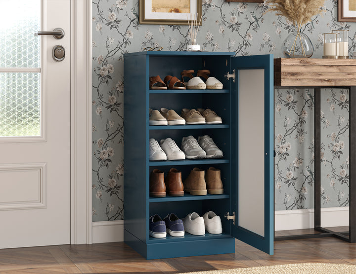 100% Solid Wood Narrow Frosted Glass Door Shoe Storage Cabinet with Adjustable Shelves, Space Saving Stackable Organizer, 16.5" W x 35.75" H