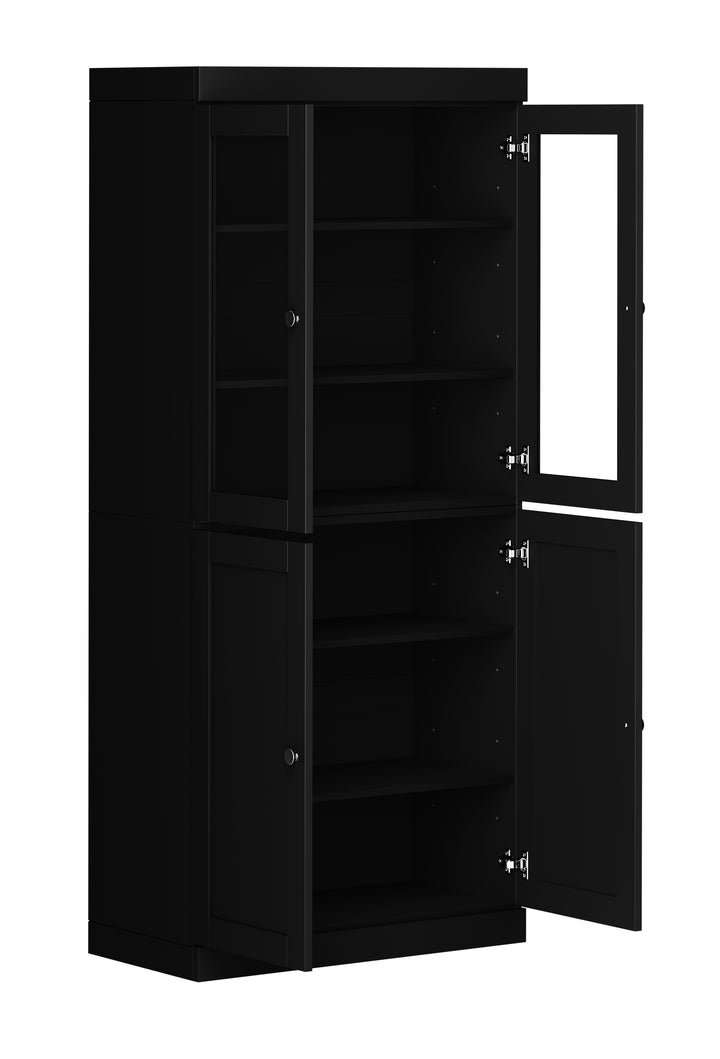 100% Solid Wood 32" Pantry Cabinet, 2 Clear Glass, 2 Shaker Wood Doors