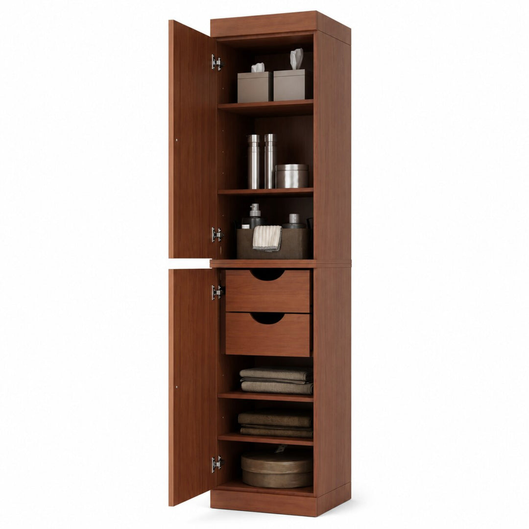 100% Solid Wood Bathroom Storage Cabinet, Shaker Doors, 2 Drawers, Adjustable Shelves, 16.5" Wide, 71.5" Tall