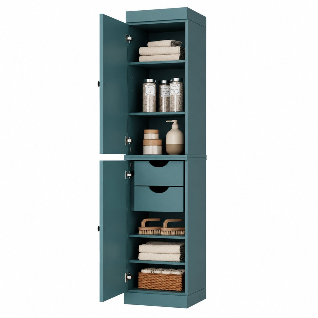 100% Solid Wood Bathroom Storage Cabinet, Shaker Doors, 2 Drawers, Adjustable Shelves, 16.5" Wide, 71.5" Tall