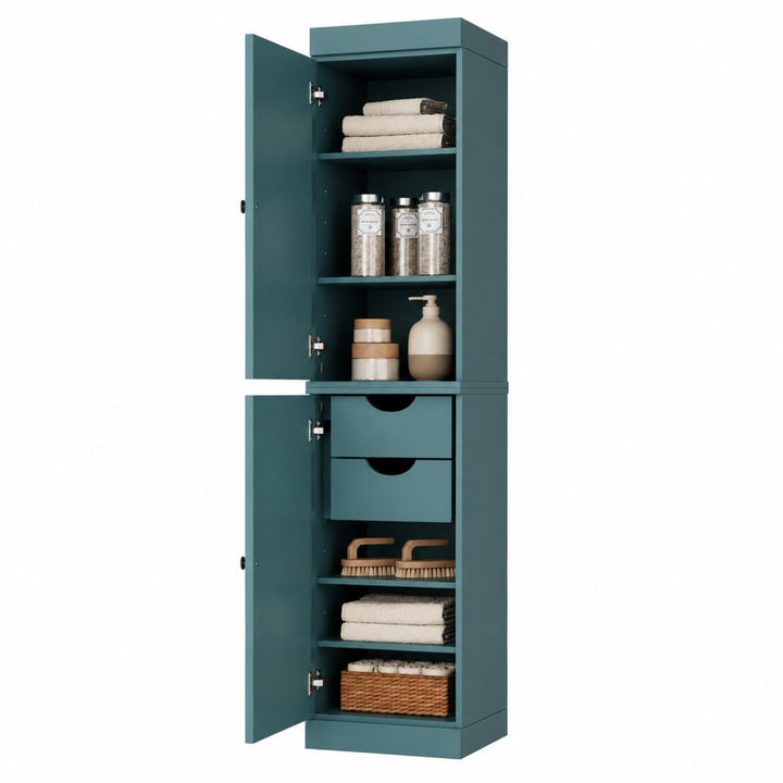 100% Solid Wood Bathroom Storage Cabinet, Shaker Doors, 2 Drawers, Adjustable Shelves, 16.5" Wide, 71.5" Tall