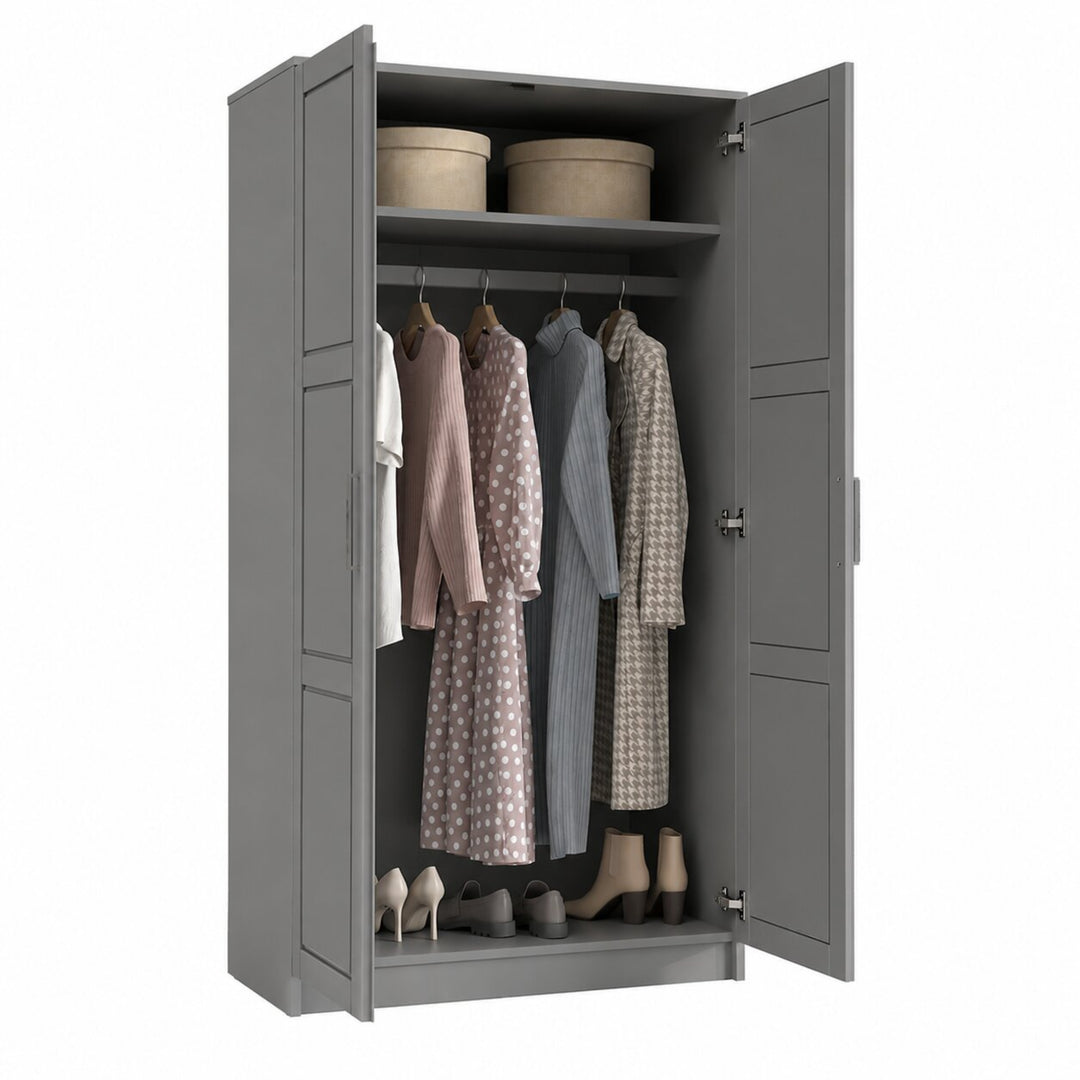 100% Solid Wood 2-Door Wardrobe Armoire with Raised Panel Doors, Bedroom Closet Storage - Urban Collection