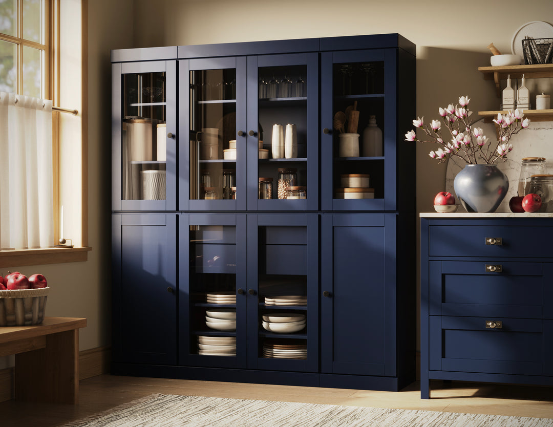 100% Solid Wood 65" China Pantry Cabinet, 6 Glass, 2 Shaker Wood Doors, 2 Drawers