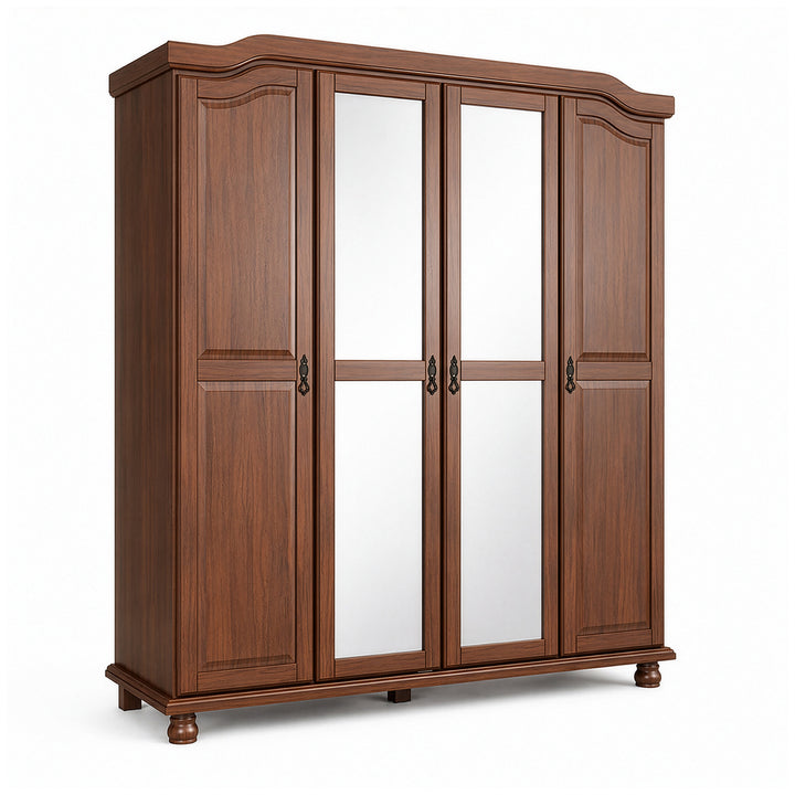 100% Solid Wood 4-Door Wardrobe Armoire with Mirrored Doors, Bedroom Closet Storage - Kyle Collection