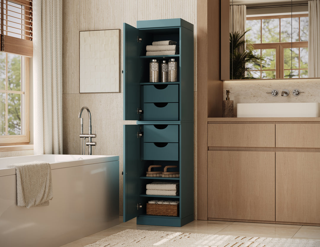 100% Solid Wood Bathroom Storage Cabinet, Raised Panel Doors, 4 Drawers, Adjustable Shelves, 16.5" Wide, 71.5" Tall