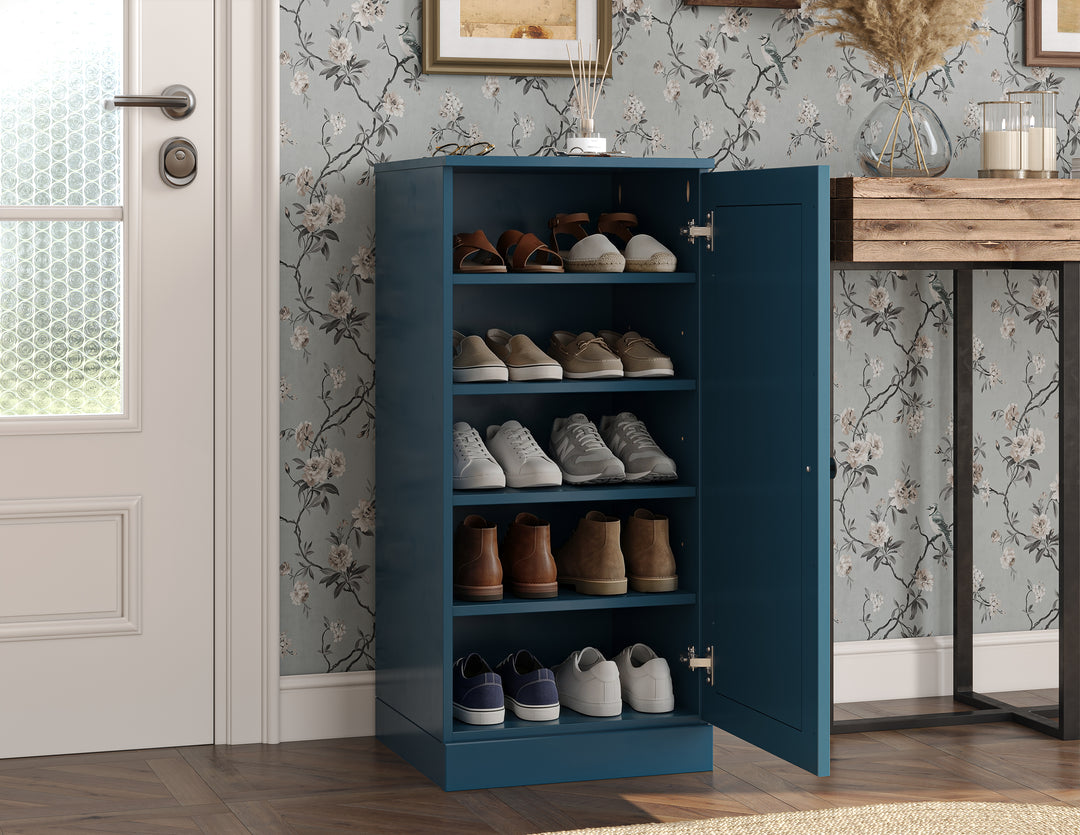 100% Solid Wood Narrow Shoe Storage Cabinet with Raised Panel Door, Adjustable Shelves, Space Saving Stackable Organizer, 16.5" W x 35.75" H