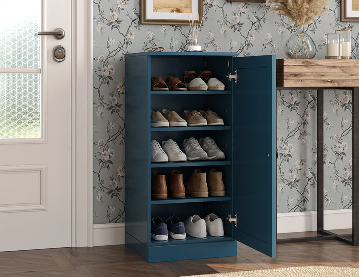 100% Solid Wood Narrow Shoe Storage Cabinet with Raised Panel Door, Adjustable Shelves, Space Saving Stackable Organizer, 16.5" W x 35.75" H