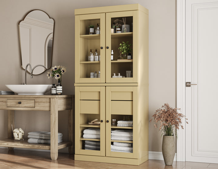 100% Solid Wood Tall Freestanding Modular Bathroom Linen Storage Cabinet with Glass Doors, 2 Drawers, Adjustable Shelves, 32" W x 71.5" H