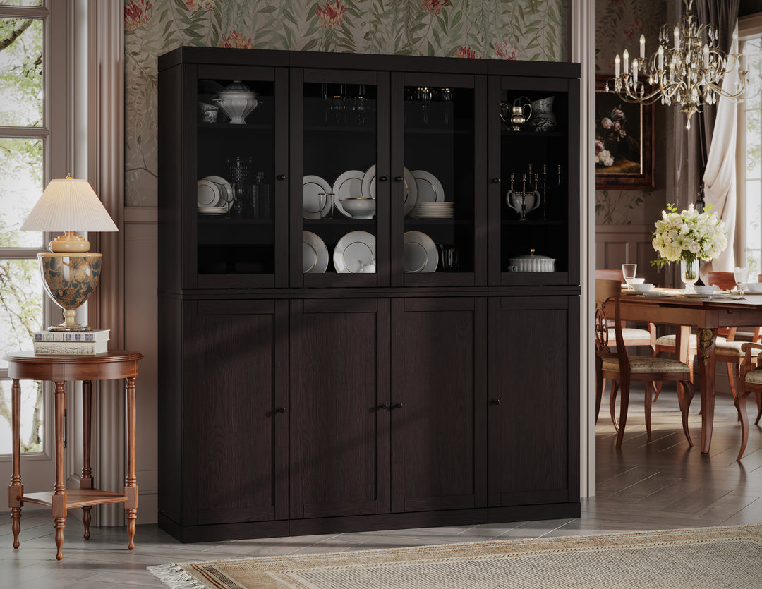 Premium 100% Solid European Oak Hardwood Modular China Cabinet with Shaker and Tinted Glass Doors – 64" Wide, 71.5" Tall