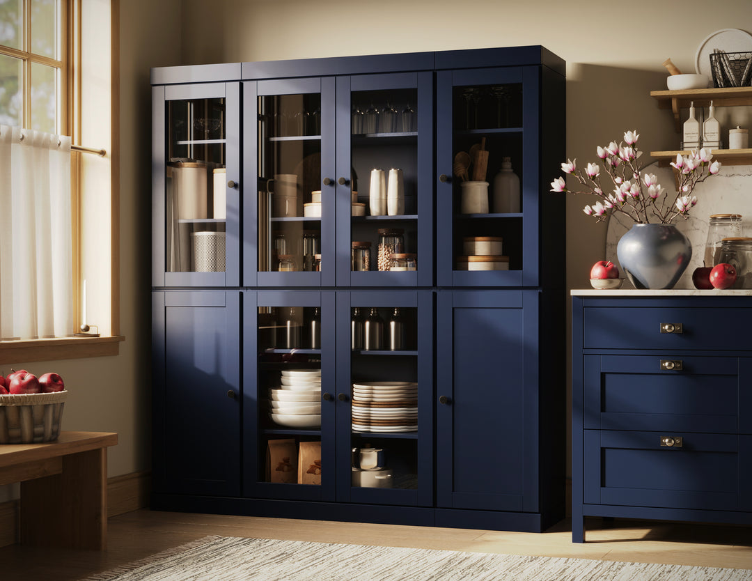 100% Solid Wood 65" China Pantry Cabinet, 6 Clear Glass, 2 Shaker Wood Doors