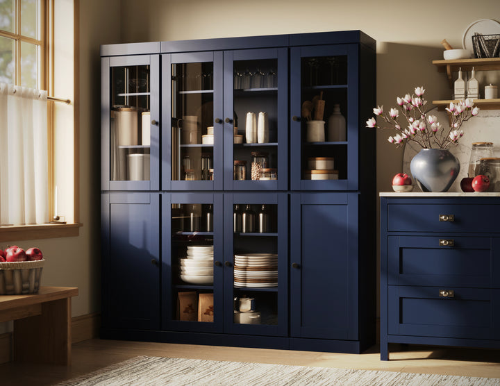 100% Solid Wood 65" China Pantry Cabinet, 6 Clear Glass, 2 Shaker Wood Doors