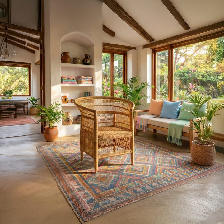 100% Solid Wood Frame Handwoven Natural Rattan Indoor Chair, Boho Farmhouse Accent Seating – Authentic African Craftsmanship