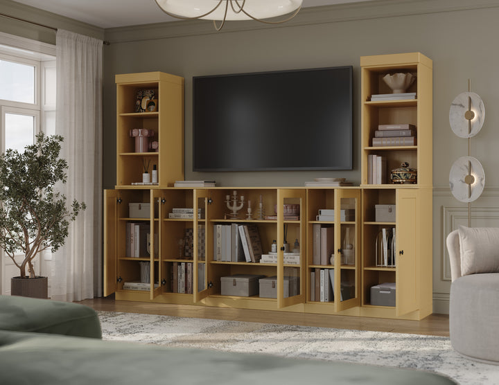 100% Solid Wood 7-Piece Entertainment Center Wall Unit with Storage, Open Cabinets, Shaker & Glass Doors, Adjustable Shelves, 98" W x 71.5" H