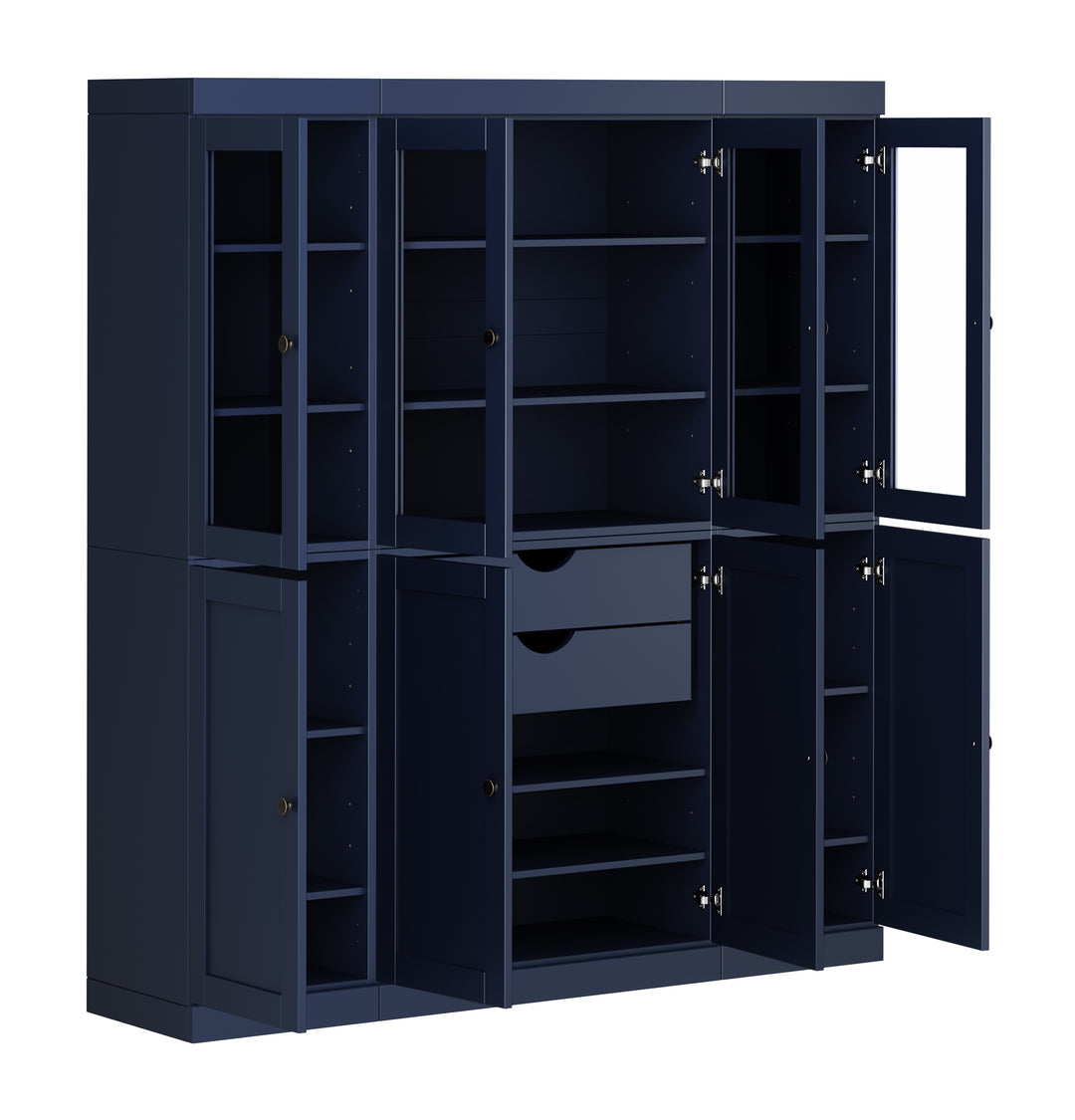 100% Solid Wood 65" China Pantry Cabinet, 4 Glass, 4 Shaker Wood Doors, 2-Drawers