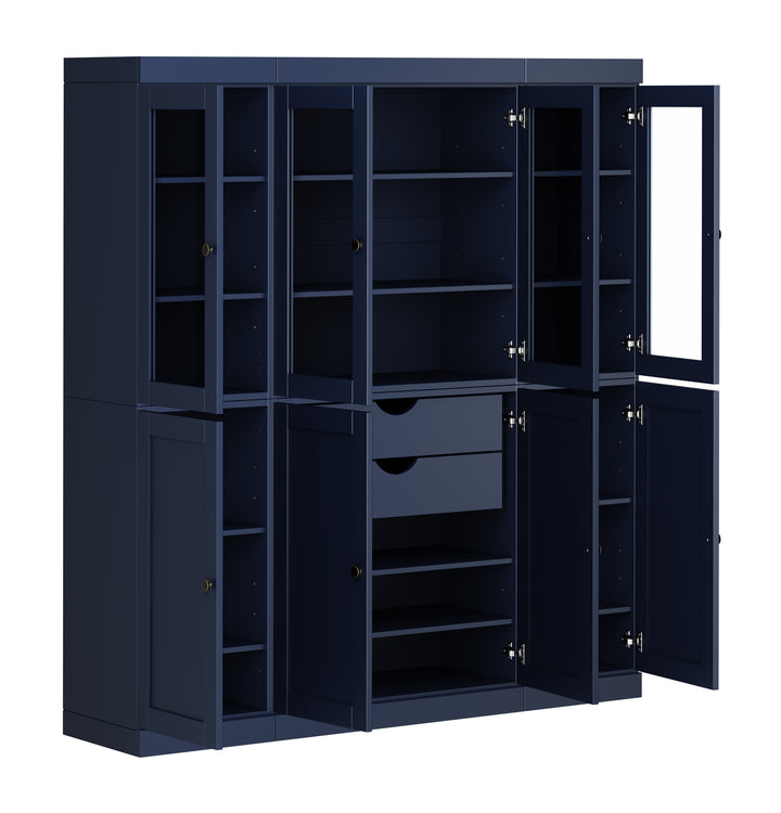 100% Solid Wood 65" China Pantry Cabinet, 4 Glass, 4 Shaker Wood Doors, 2-Drawers