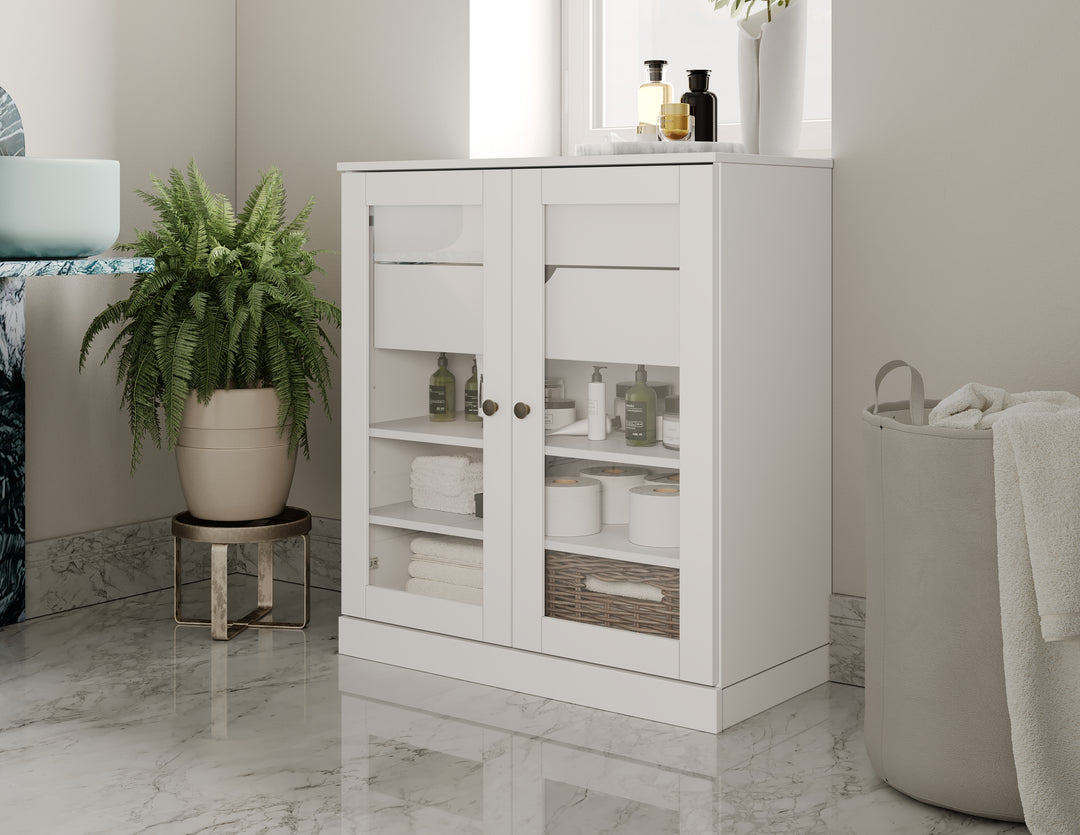 100% Solid Brazilian Pine Wood Bathroom Storage Cabinet, Clear Glass Doors, 2 Drawers, Adjustable Shelves, 32" Wide, 35.75" Tall