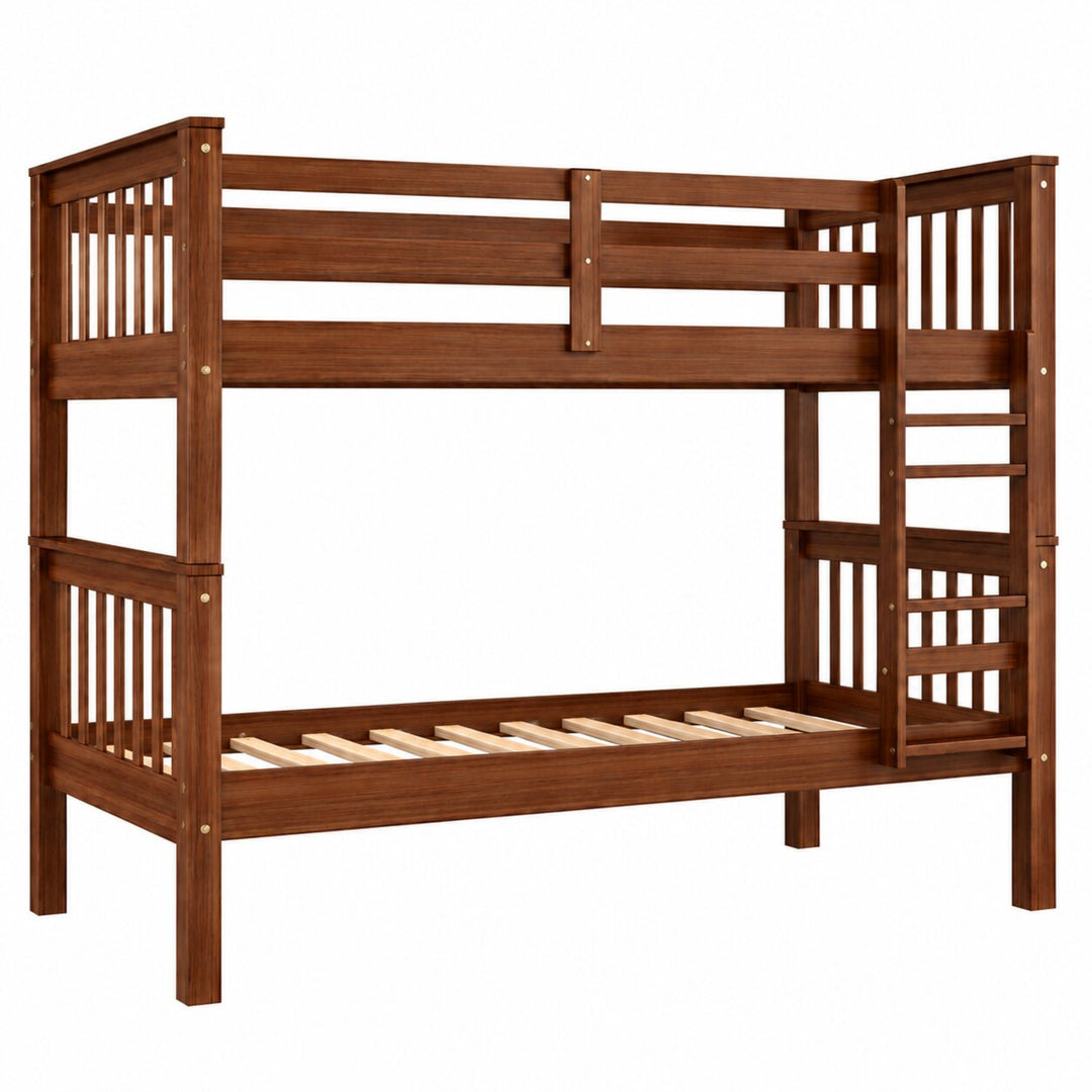 A brown wooden twin bunk bed frame with a built-in ladder on the right side, shown against a plain white background.