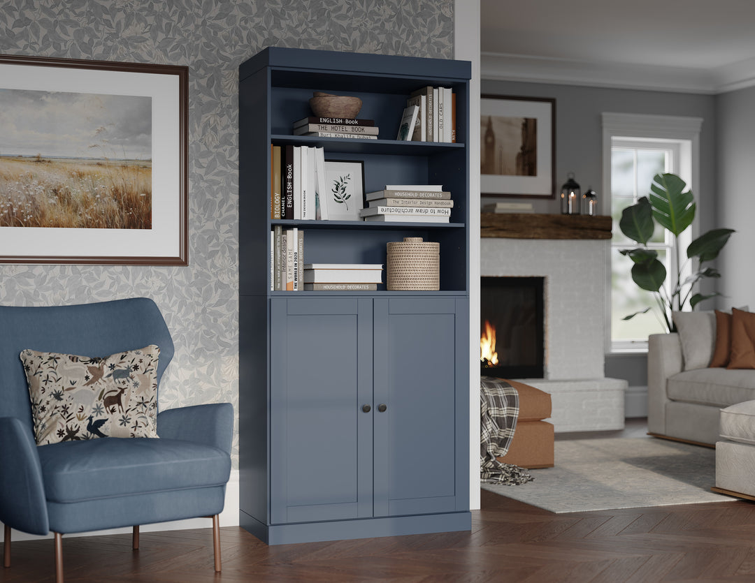 100% Solid Wood 6-Shelf 32" Bookcase Cabinet, 2 Solid Shaker Wood Doors, Adjustable Shelves