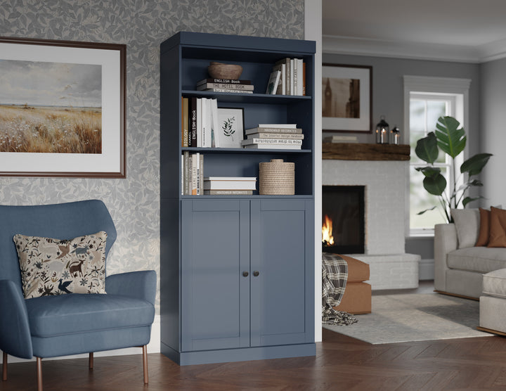 100% Solid Wood 6-Shelf 32" Bookcase Cabinet, 2 Solid Shaker Wood Doors, Adjustable Shelves