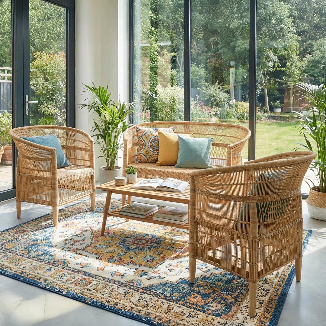 100% Handwoven Natural Rattan 3-Piece Indoor Seating Set with 2 Chairs and Loveseat, Solid Wood Frame, Boho Farmhouse, Authentic African Craftsmanship