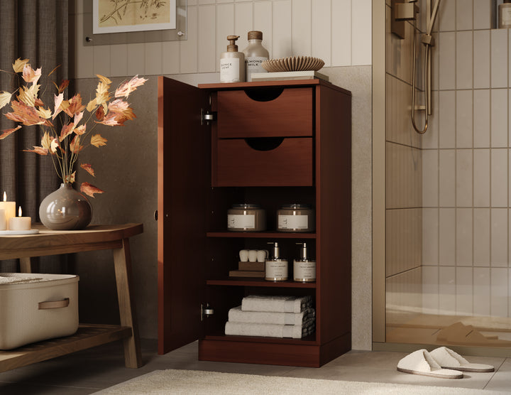 100% Solid Wood Bathroom Storage Cabinet, Raised Panel Door, 2 Drawers, Adjustable Shelves, 16.5" Wide, 35.75" Tall