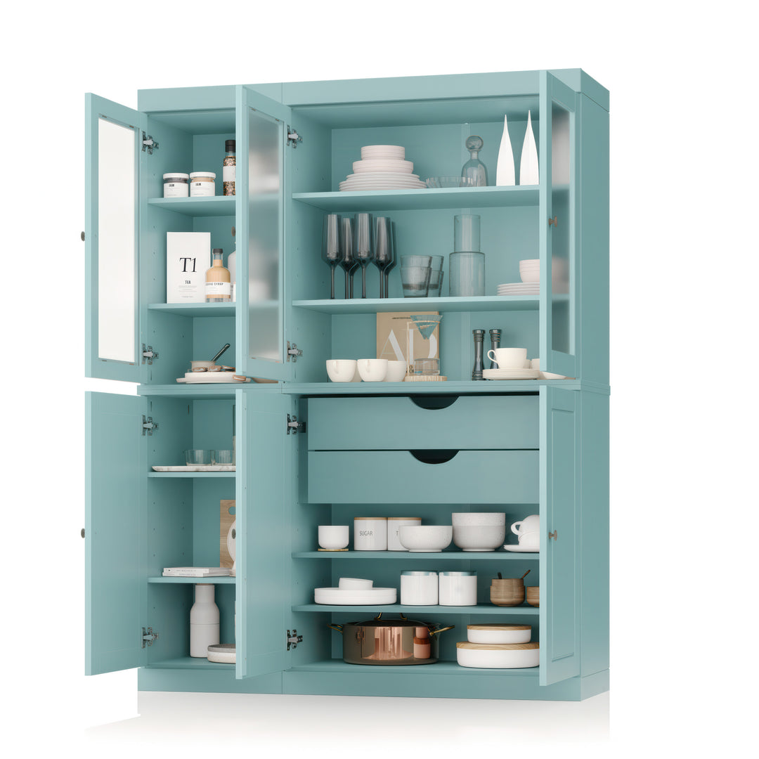 100% Solid Wood Kitchen Pantry Cabinet, Tall Freestanding Modular Storage with Frosted Glass & Raised Panel Doors & 2 Drawers, Adjustable Shelves, 48.5" W x 71.5" H
