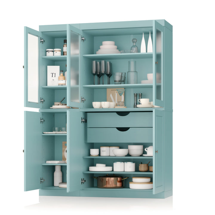 100% Solid Wood Kitchen Pantry Cabinet, Tall Freestanding Modular Storage with Frosted Glass & Raised Panel Doors & 2 Drawers, Adjustable Shelves, 48.5" W x 71.5" H