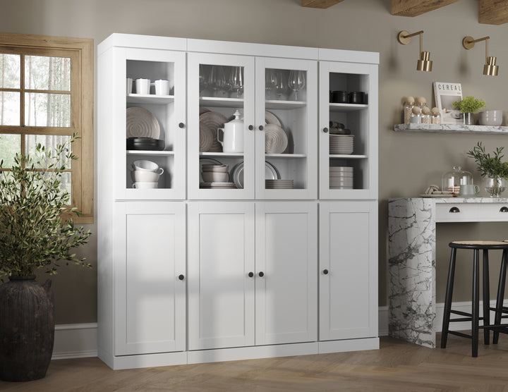 100% Solid Wood 65" China Pantry Cabinet, 4 Clear Glass, 4 Shaker Wood Doors
