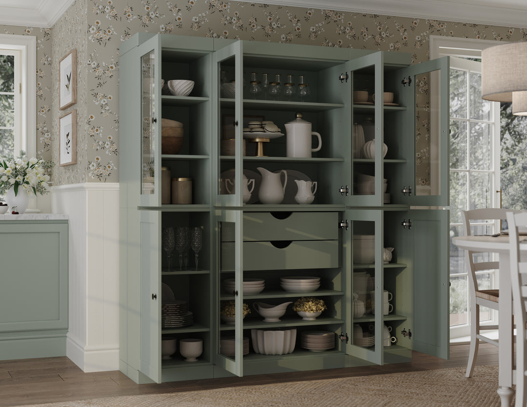 100% Solid Wood 65" China Pantry Cabinet, 6 Glass, 2 Shaker Wood Doors, 2 Drawers