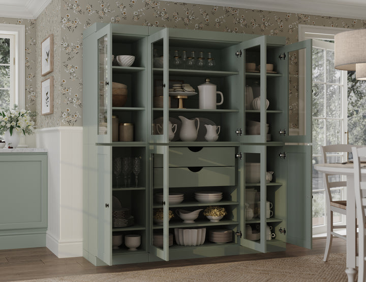 100% Solid Wood 65" China Pantry Cabinet, 6 Glass, 2 Shaker Wood Doors, 2 Drawers