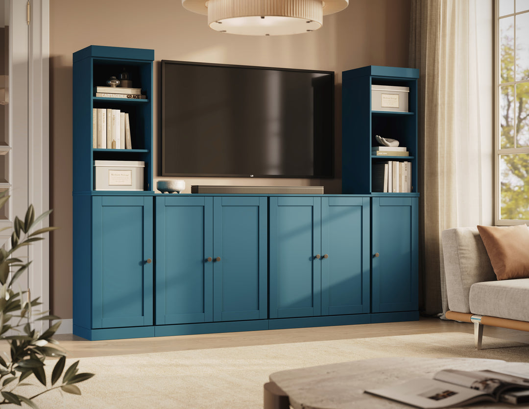 100% Solid Wood 6-Piece Entertainment Center Wall Unit with Storage, Open Cabinets & Shaker Doors, Adjustable Shelves, 97" W x 71.5" H