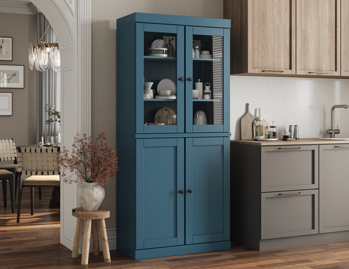 100% Solid Brazilian Pine Wood Pantry Cabinet, Shaker & Clear Glass Doors, 2 Drawers, Adjustable Shelves, 32" Wide, 71.5" Tall