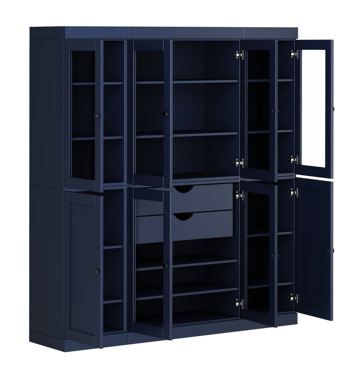 100% Solid Wood 65" China Pantry Cabinet, 6 Glass, 2 Shaker Wood Doors, 2 Drawers