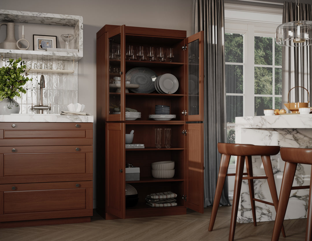 100% Solid Wood 32" Pantry Cabinet, 2 Clear Glass, 2 Shaker Wood Doors