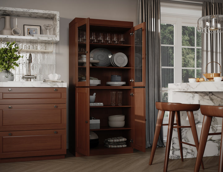 100% Solid Wood 32" Pantry Cabinet, 2 Clear Glass, 2 Shaker Wood Doors