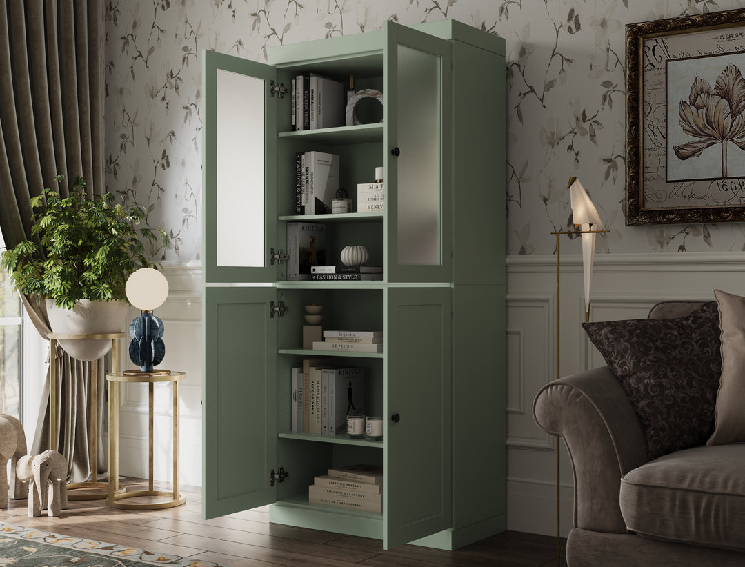 100% Solid Wood 6-Shelf 32" Bookcase, 2 Frosted Glass, 2 Shaker Wood Doors, Adjustable Shelves