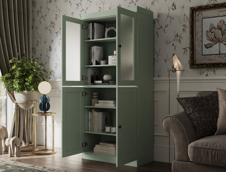 100% Solid Wood 6-Shelf 32" Bookcase, 2 Frosted Glass, 2 Shaker Wood Doors, Adjustable Shelves