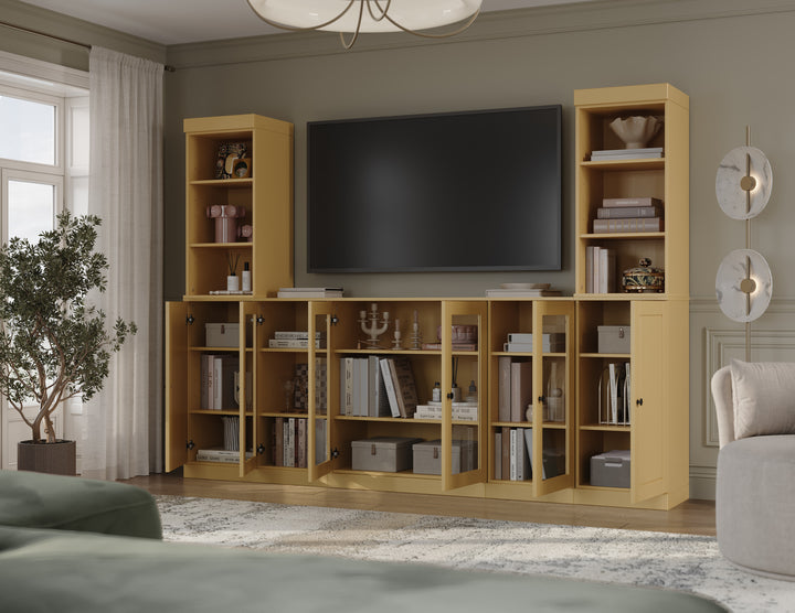 100% Solid Wood 7-Piece Entertainment Center Wall Unit with Storage, Open Cabinets, Raised Panel & Glass Doors, Adjustable Shelves, 98" W x 71.5" H