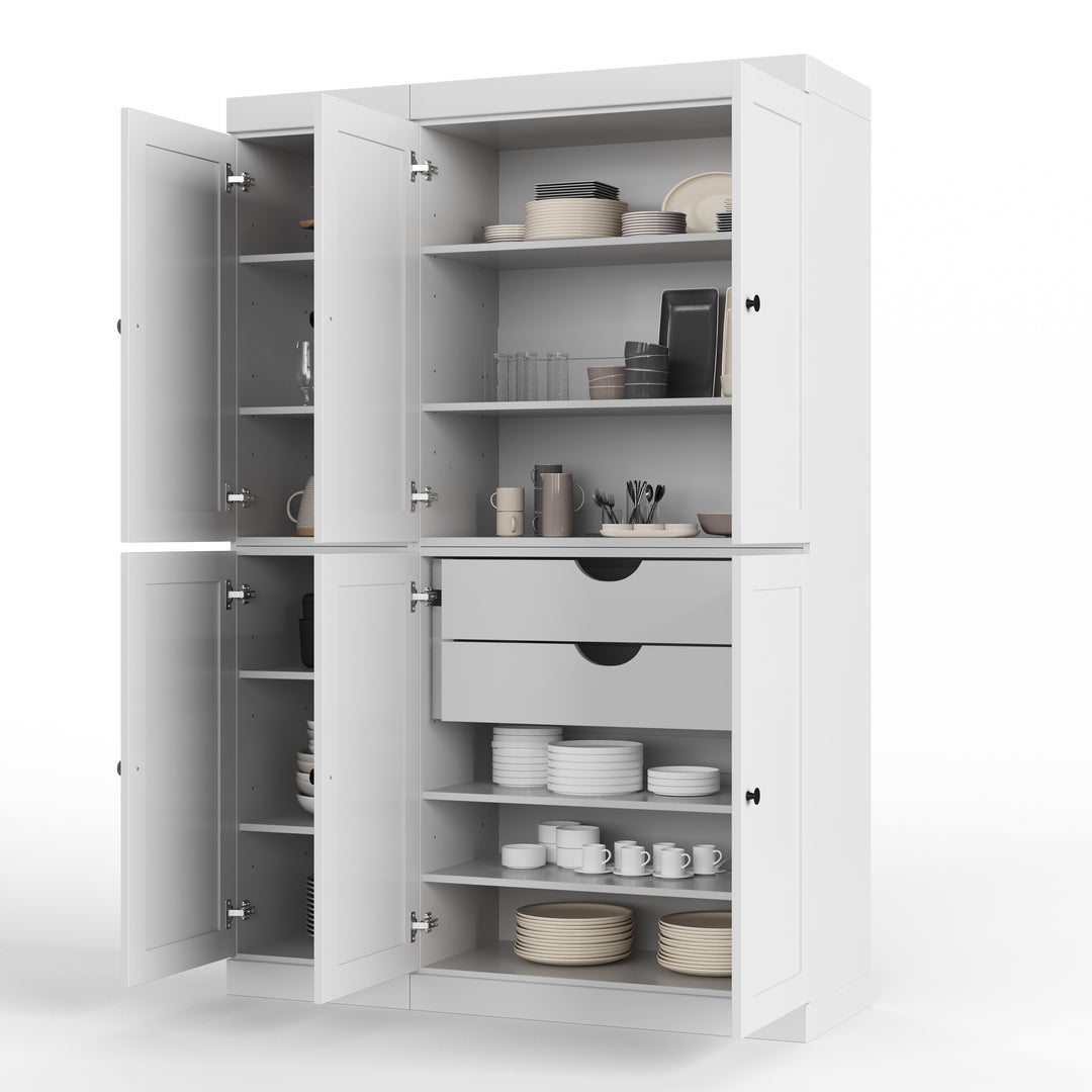 White Solid Wood 48.5" Kitchen Pantry Cabinet with Drawers and Shaker Wood Doors