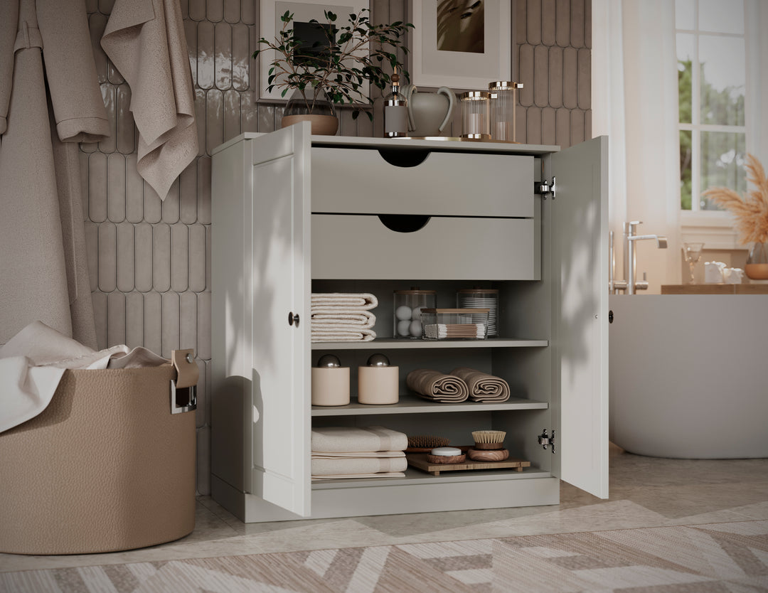 100% Solid Wood Freestanding Bathroom Linen Storage Cabinet with Raised Panel Doors, 2 Drawers, Adjustable Shelves, 32" W x 35.75" H