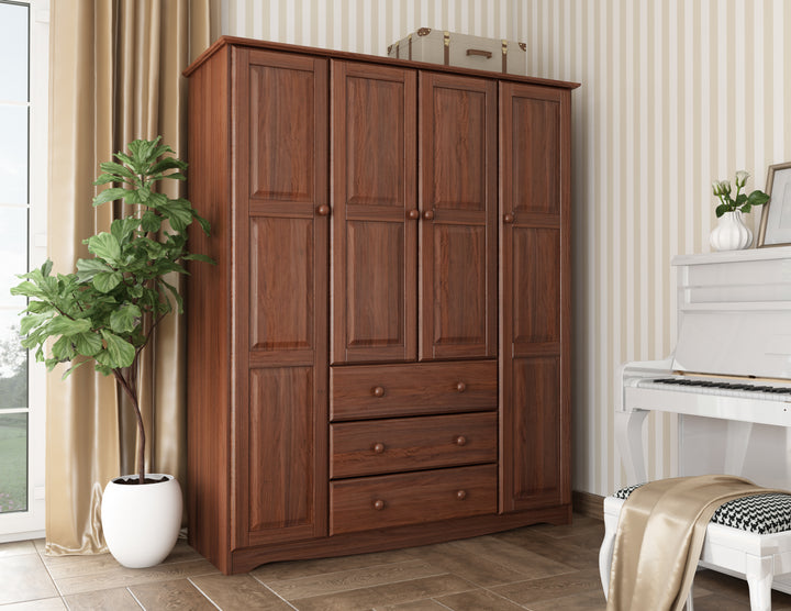 100% Solid Wood 4-Door Wardrobe Armoire, Bedroom Closet Storage - Family Collection