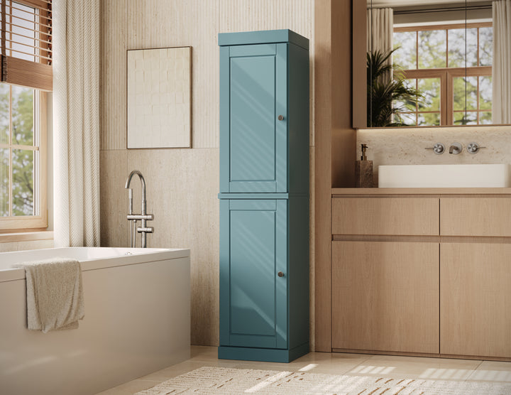 100% Solid Wood Bathroom Storage Cabinet, Raised Panel Doors, 2 Drawers, Adjustable Shelves, 16.5" Wide, 71.5" Tall