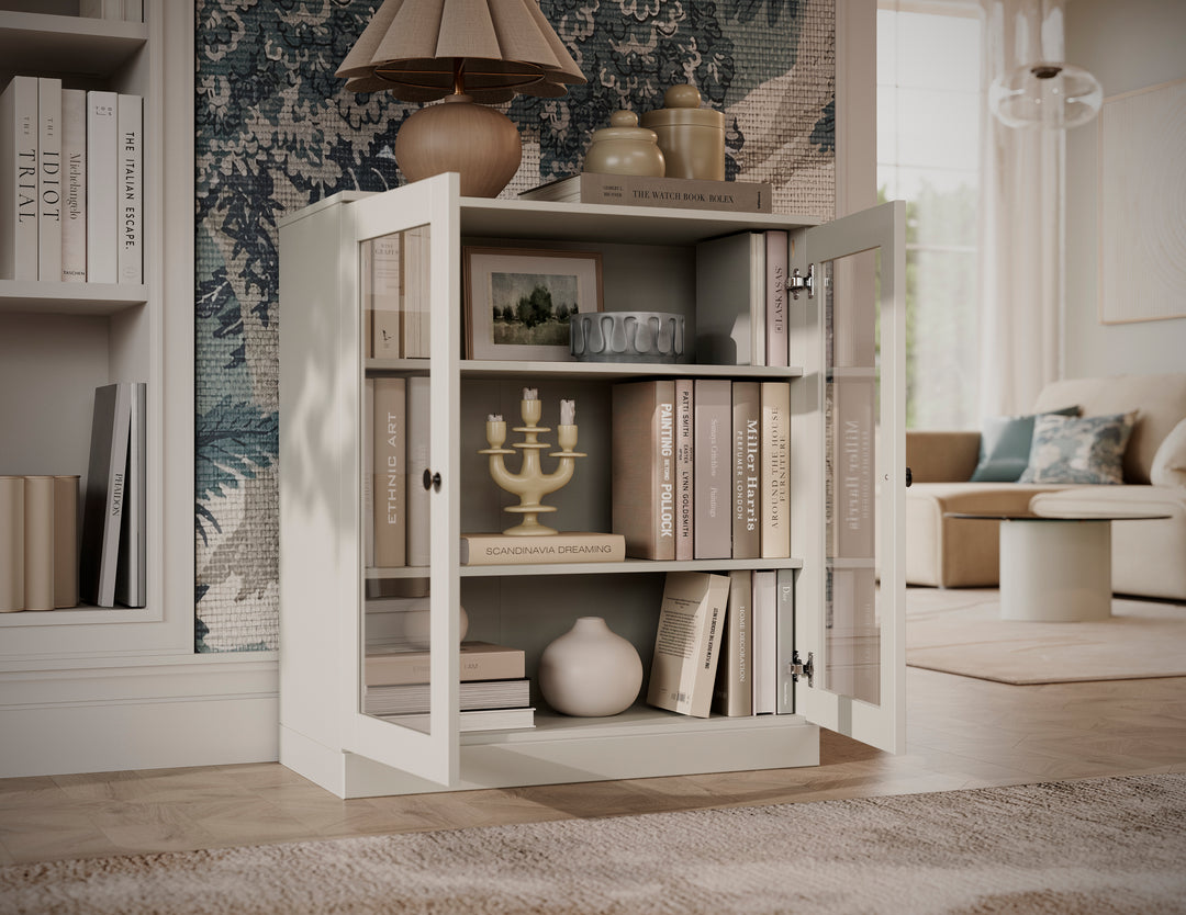 100% Solid Wood 3-Shelf Glass Door Bookcase, Storage Bookshelf with Adjustable Shelves, 32" W x 35.75" H