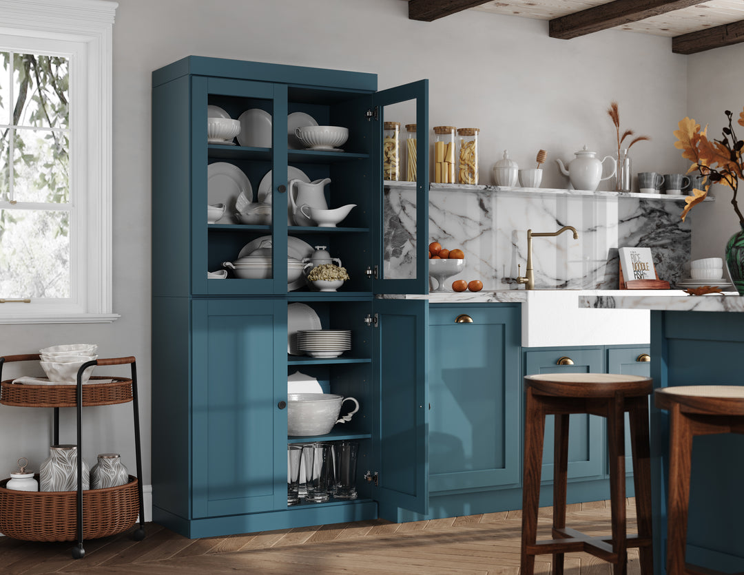 100% Solid Wood 32" Pantry Cabinet, 2 Clear Glass, 2 Shaker Wood Doors