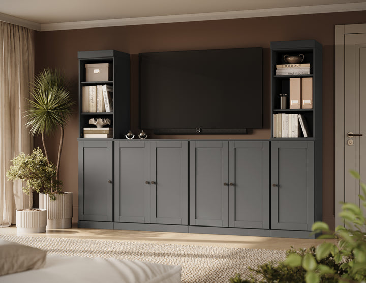 100% Solid Wood 6-Piece Entertainment Center Wall Unit with Storage, Open Cabinets & Shaker Doors, Adjustable Shelves, 97" W x 71.5" H