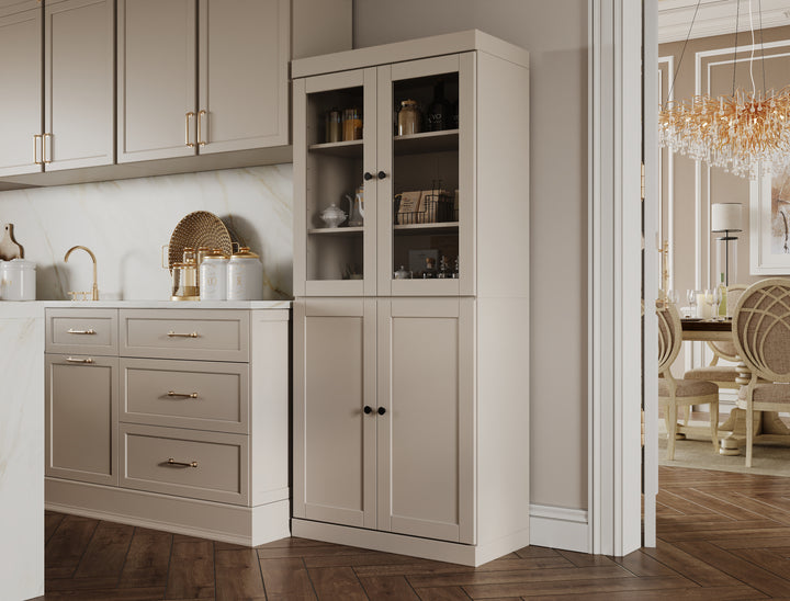 100% Solid Wood 32" Pantry Cabinet, 2 Clear Glass, 2 Shaker Doors, 2-Drawers