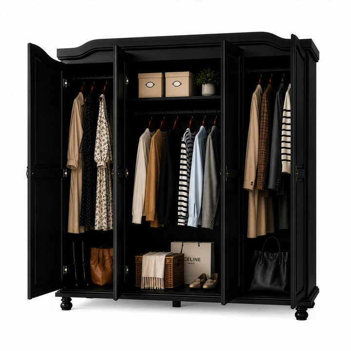 100% Solid Wood 4-Door Wardrobe Armoire with Raised Panel Doors, Bedroom Closet Storage - Kyle Collection