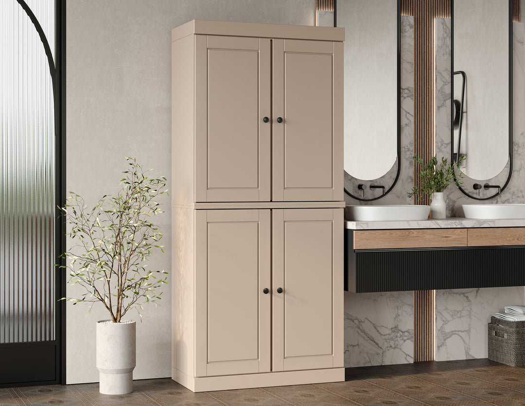 100% Solid Brazilian Pine Wood Bathroom Storage Cabinet, Raised Panel Doors, 2 Drawers, Adjustable Shelves, 32" Wide, 71.5" Tall