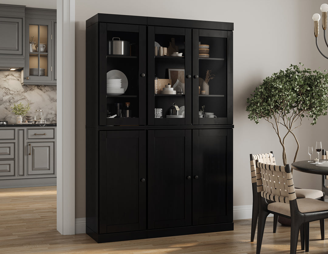 100% Solid Brazilian Pine Wood Pantry China Cabinet, Shaker & Clear Glass Doors, Adjustable Shelves, 48.5" Wide, 71.5" Tall